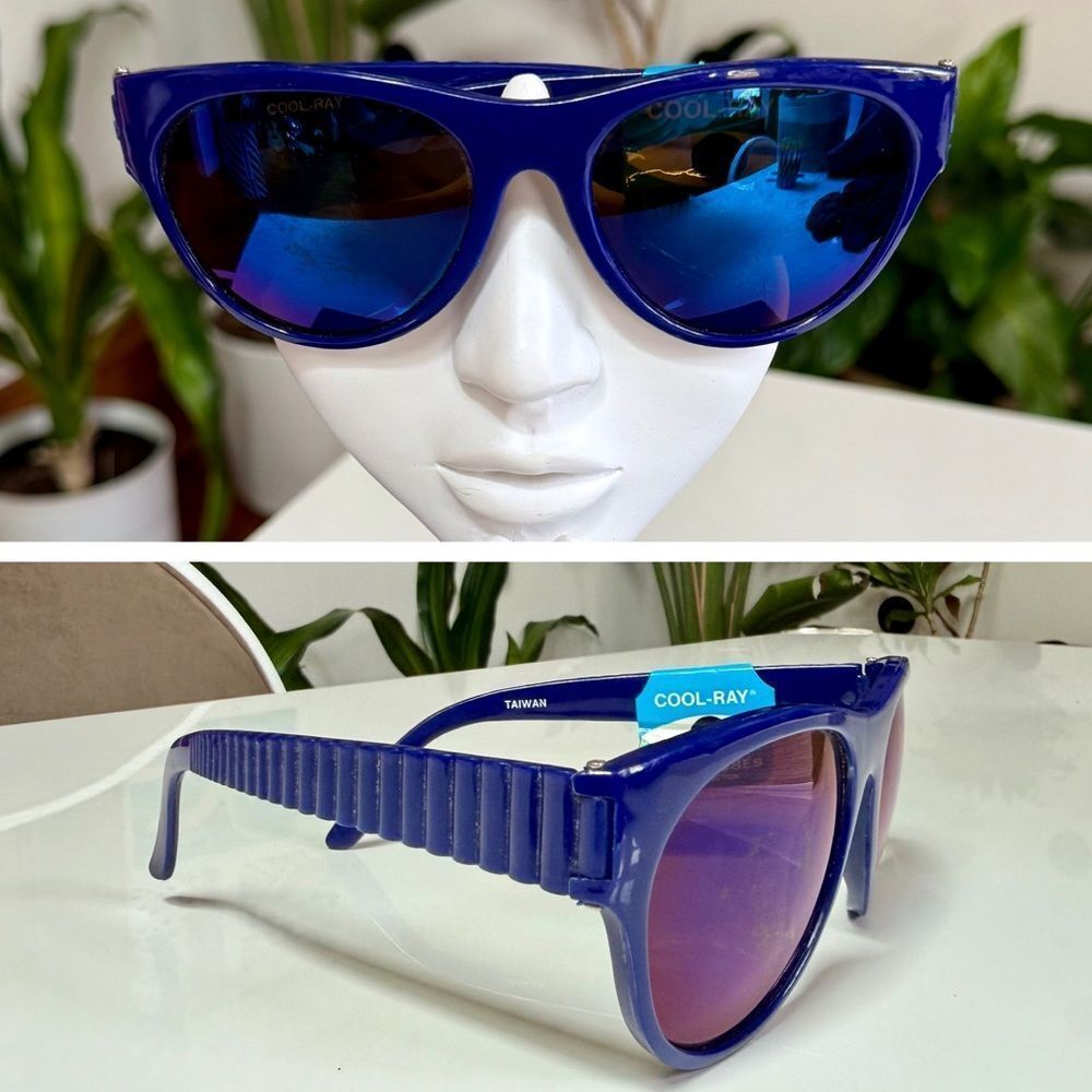 Super Cool True Vintage 1970s Navy Blue 3D Geometric Ribbed Textured Sunglasses